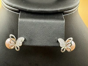 Sterling Silver Crystal Butterfly Earrings With Akoya Pearl - Picture 1 of 6