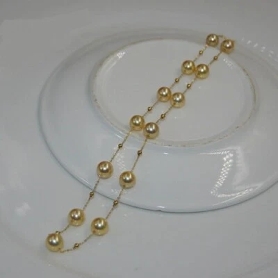 Stunning AAA+7-8mm Real Natural South Sea Golden Round Pearl Necklace 14k Gold P - Image 1 of 4