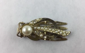 Vintage Faux Pearl Clear Rhinestone Gold Tone Hair Pin Clip 1 1/2"  - Picture 1 of 5