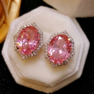 New European Design Charm Oval Pink Topaz Gems Women Silver Stud Earrings 1 Pair - Picture 1 of 6