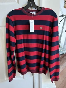 NWT LACOSTE Sweater Boys’ Crew Neck Striped Cotton Navy Blue Red Size 16 Large L - Picture 1 of 4