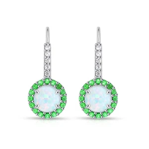 Round Halo Simulated Opal & Emerald Leverback Earrings in Sterling Silver - Picture 1 of 3