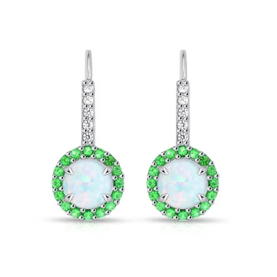 Round Halo Simulated Opal & Emerald Leverback Earrings in Sterling Silver - Image 1 of 3