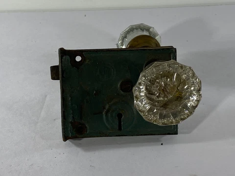 VIntage RHG Door Lock Assembly mortise Rim 12 point crystal glass knobs 2" Cover