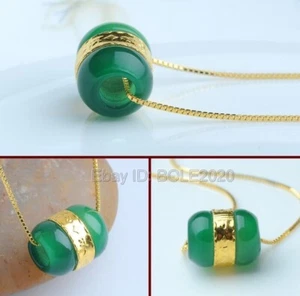 18K Gold Green Jade Beads Blessing Dangle Lucky Pendant Necklace + Certificate - Picture 1 of 3