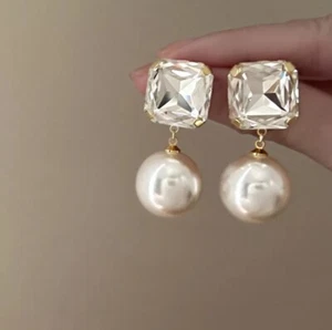 Crystal Cubic Pearl Drop Earrings Stud Dangle Drop Wedding Jewelry Women - Picture 1 of 2