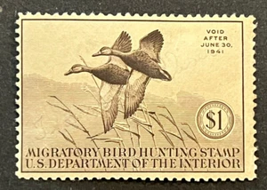 Travelstamps: 1940 US Duck Stamps Scott #RW7 - $1 Mint Original Gum Hinged - Picture 1 of 5