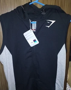 NWT Gymshark Sleeveless Hoodie Men Large Gym Sleeves Hoody Black/Light Grey Marl - Picture 1 of 8