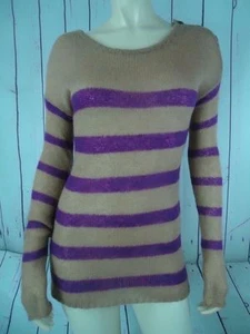ANN TAYLOR LOFT Sweater S Pullover Acrylic Nylon Mohair Magenta Tan Stripe SHEER - Picture 1 of 10
