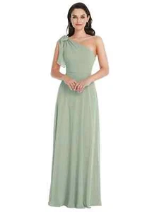 After Six Willow Green Draped One-Shoulder Maxi Dress Scarf Bow Sz 12 $221 1561 - Picture 1 of 2