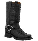 Mens Motorcycle Boots Leather Harness Alligator Print Square Toe Black Botas