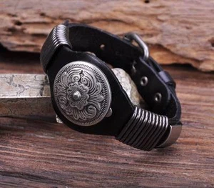 S542 Black Biker Vintage Floral Studded Men's Leather Bracelet Wristband Cuff - Picture 1 of 6