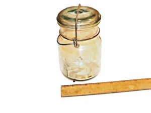 Vintage BALL IDEAL Pint Canning Jar w/ Wire Bail, Clear Glass Jar w/ Aqua Lid - Picture 1 of 7