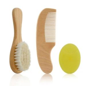 Baby Hair Brush & Comb Wooden-Handle Bath Brush Woolen Bristle Cradle-Cap Brush - Picture 1 of 8
