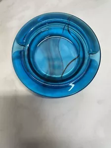 Vintage Blue Glass Ashtray Rare Black Swirl , Round 4.25” - Picture 1 of 3