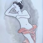 Geisha In Pink, ink acrylic Asian style drawing, matted signed original