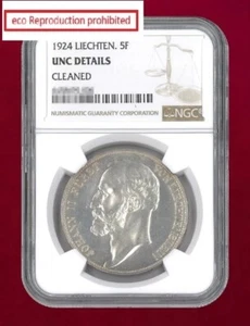 Liechtenstein 5 Franc Silver Coin 1924 NGC UNC DETAILS CLEANED - Picture 1 of 2