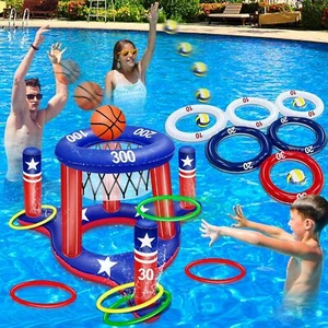 American Flag Pool Toys Games Set, Inflatable 2-in-1 Floating Basketball Hoop - Picture 1 of 7