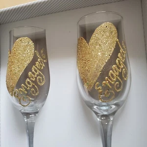 Engaged Champagne Flutes Set – Gold Glitter Gift Boxed | Wedding, Bridal Shower - Picture 1 of 3