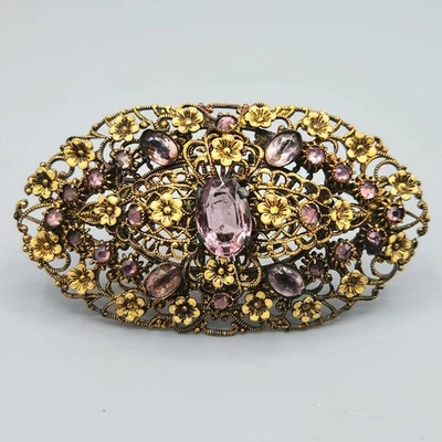 Broche de filigrana floral de latón dorado vidrio púrpura amatista checo Art Nouveau Foto 1 de 4