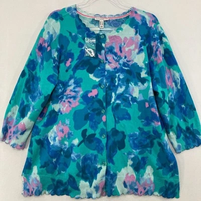 Cárdigan Isaac Mizrahi Grande Azul Púrpura Floral Dobladillo Vieira Abotonado Preppy Foto 1 de 4