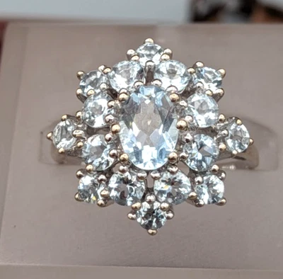 Кластерное кольцо из 10-каратного белого золота с аквамарином и снежинками размер 7,25 ~ 4 г - Изображение 1 из 4