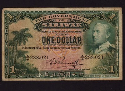Sarawak:P-20a,1 Dollar, 1935 * A * Charles Vyner Brooke * F-VF * - Image 1 of 2