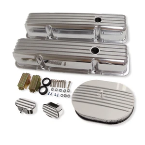 Cubiertas de válvula de aluminio con aletas y filtro de aire y respiradores de 12" para Chevy SBC 350 58-86 - Imagen 1 de 9
