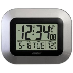 La Crosse Wall Clock Digital Atomic 7" Silver Indoor Temperature Display Modern - Picture 1 of 3
