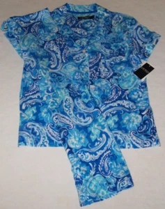NWT Ralph Lauren ROYAL/AQUA BLUE ARTSY PAISLEY Jersey Knit CAPRI Pajama Set L - Picture 1 of 6