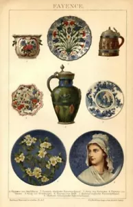 Stampa Antica 1893 = CERAMICHE DI FAENZA = CROMOLITOGRAFIA Old Print - Picture 1 of 1