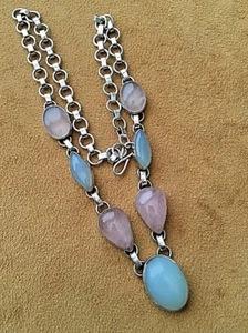 Sterling Silver .925 Rose Quartz And Blue/green Agate 20" Necklace 50.8 Grams - Picture 1 of 11