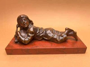 Jean Garnier Signed Bronze Boy Flute Red Marble Base Antique French Sculpture - Picture 1 of 6