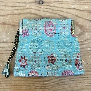 Vintage Metallic Lurex Lame Blue Gold Floral Fabric Asian Coin Pouch Purse 3" - Picture 1 of 6