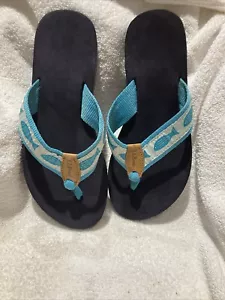 LL Bean Maine Women's Blue Fish Woven Print Leather Thong Sandals NWOT Size 7M - Picture 1 of 13
