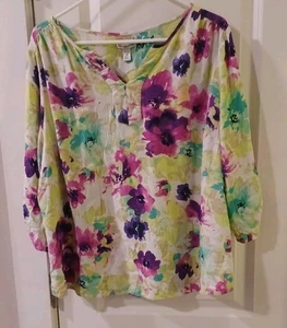 Croft & Barrow Top Womens Floral Pastels Size 2X 3/4 Sleeves Cottagecore Beachy - Picture 1 of 6