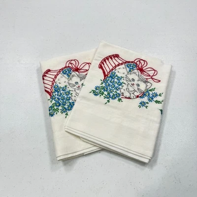 vintage pillowcase pair standard embroidered cats in basket mcm retro - Image 1 of 4
