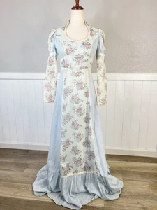 Vtg 70s Oops California Peasant Dress Womens S Blue Floral Prairie Cottagecore - Picture 1 of 23