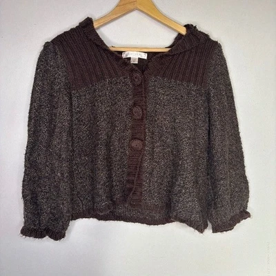 Suéter de malha Decree feminino marrom cropped com capuz botão tamanho grande - Imagem 1 de 4