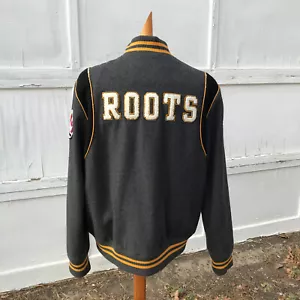 Roots 73 Grey Wool Blend Varsity Spellout Logo Jacket Vtg Embroidered Crest Med - Picture 1 of 14
