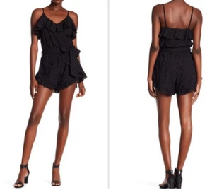 Allison New York Eyelet Spaghetti Strap Ruffle Romper Black - Picture 1 of 14
