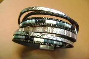 NWOT-  MULTI STRAND LEATHER BEADED INTERLOCKING MAGNETIC CUFF  BRACELET - Picture 1 of 7