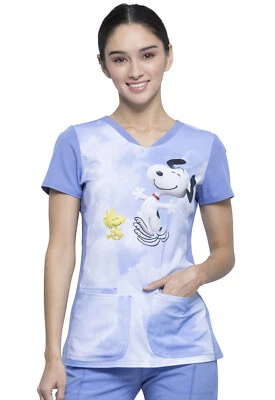 Snoopy Cherokee Scrubs Tooniforms Peanuts V Neck Top TF721 PNKY - Image 1 of 4