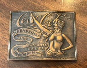 Vintage Tiffany Studio New York Coca-Cola Large Belt Buckle Topless Brass  (10E) - Picture 1 of 2