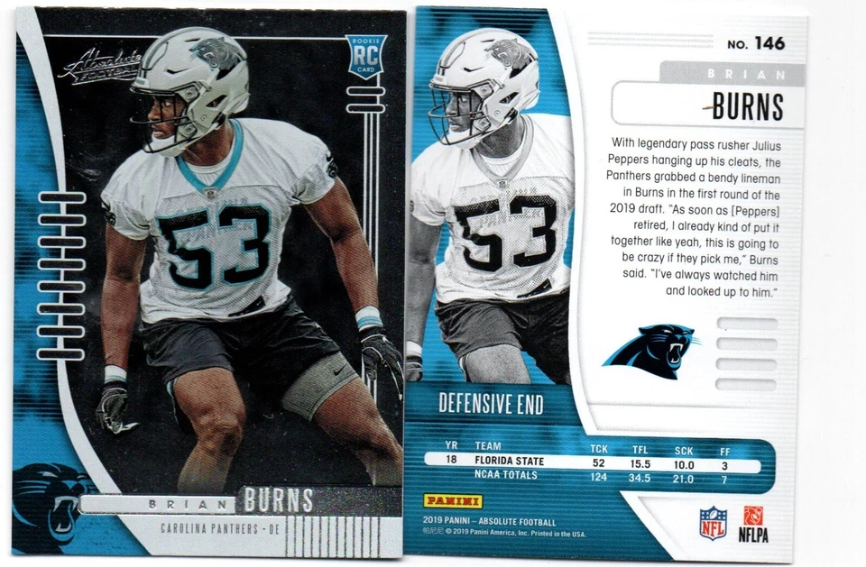 (16) 2019 Panini Absolute Football #146 Brian Burns CAROLINA PANTHERS RC Lot O - Image 1 of 1