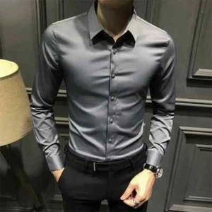 Camisa Ajustada De Seda De Hombres Ropa De Vestir Larga A Cuadros Elegante - Imagen 1 de 27