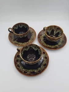 6pc Brown Drip Glaze Tea Coffee Cups With Saucers Vintage Stoneware  - Picture 1 of 8
