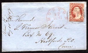 US 1857 SCOTT #25 TYPE I TIED BOSTON, MASS. IN RED TO HARTFORD, CONN. - Picture 1 of 4