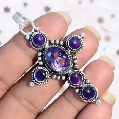 紫水晶切割紫色紫水晶宝石珠宝吊坠 925 纯银十字架 — 第 1/4 张图片