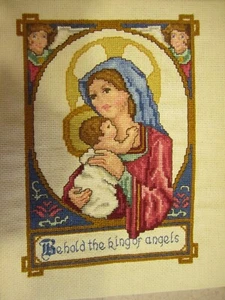 RELIGIOUS Cross Stitch~ MADONNA&CHILD--9x11"~Behold King of Angels-UNFramed - Picture 1 of 3